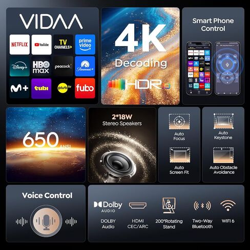 جهاز عرض ذكي 4K [VIDAA Live TV & 36W Dolby & Voice Control] مع WiFi6 وبلوتوث، جهاز عرض قصير المدى متوافق مع Netflix، التركيز التلقائي AI، HDR10، جهاز عرض المسرح المنزلي للأفلام الخارجية in Kuwait