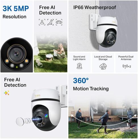 Tapo 3K 5MP Outdoor Pan/Tilt Security Wi-Fi Camera – 360° View, Free Person/Vehicle Detection, Starlight Color Night Vision, IP66, Sound and Light Alarm, Works w/Alexa and Google Home, VistaCam 360° in Kuwait