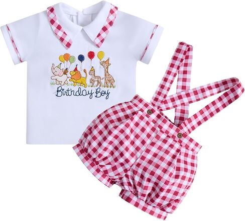 Baby Boy First Birthday Outfit, Zoo Animal Embroidery Outfit | Short Sleeve T-Shirt and Gingham Plaid Suspenders Shorts Set in Kuwait