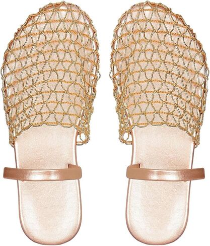 OYOANGLE Women's Metallic Fishnet Mesh Woven Flat Hollow Out Beach Slides | Metallic, Fishnet Mesh, Woven Flat Mules, See Through, Hollow Out, Slip On Beach Slides in Kuwait