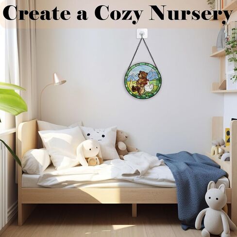 GZV Mountain Bear Animal Stained Glass Window Hanging Suncatcher 7.9in | Bear Duck Owl Chicken Sun Catchers Indoor Window Glass Round Wall Art,Cute Animal Nursery Wall Hanging Decorations in Kuwait