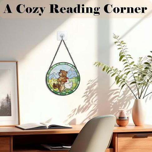 GZV Mountain Bear Animal Stained Glass Window Hanging Suncatcher 7.9in | Bear Duck Owl Chicken Sun Catchers Indoor Window Glass Round Wall Art,Cute Animal Nursery Wall Hanging Decorations in Kuwait