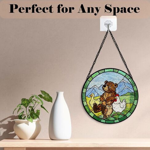 GZV Mountain Bear Animal Stained Glass Window Hanging Suncatcher 7.9in | Bear Duck Owl Chicken Sun Catchers Indoor Window Glass Round Wall Art,Cute Animal Nursery Wall Hanging Decorations in Kuwait