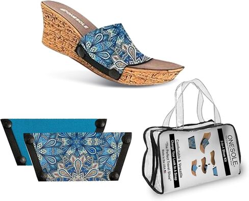 Onesole Casual Cork Travel Shoe Kit, Interchangeable Faux cork wedges, pair of Blue Flower print interchangeable neoprene Tops, and Dusky Blue, Tops for women's wedge Sandals, As Seen on Shark Tank in Kuwait