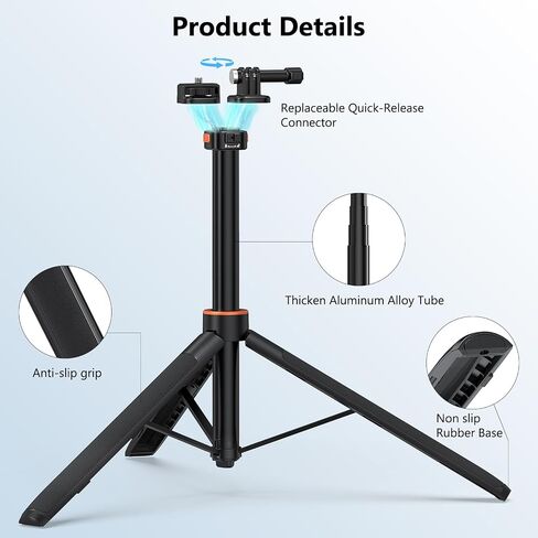 VRIG 64" Pocket 4/3 Selfie Stick Tripod for GoPro,Extendable Tripod Stand with Quick Release 1/4" Screw for Insta360 X5/X4,GoPro Hero 13 12 11,Mission 1 PRO,DJI OSMO Action 6/5Pro/4/3 in Kuwait