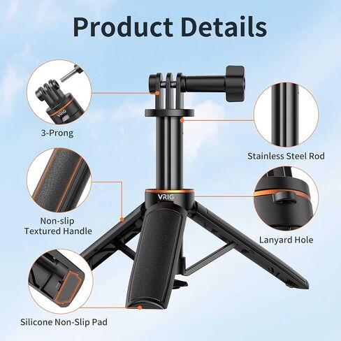 VRIG 30cm/11.8" Selfie Stick Tripod for GoPro Mission 1 Pro/Hero 13, More | One-touch Automatic Open Handle Grip Vlog Tripod, Lightweight and Portable Action Camera Accessories in Kuwait
