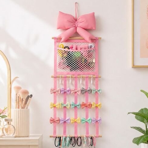 Back to School Pink Hair Bows Holder Headband Organizer for Girls Long Baby Hair Clips Accessories Display Storage Hanging Wall Decor with Hooks Gift for Nursery Toddler Girls Room(Clear Pocket) in Kuwait