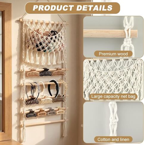 Macrame Hair Claw Clip Organizer, Scrunchies Holder and Hair Ties Organizer with Large Capacity Mesh Bag for Women Girls, Hair Accessorie Hanging Storage for Wall, Door or Closet, Home Decor in Kuwait