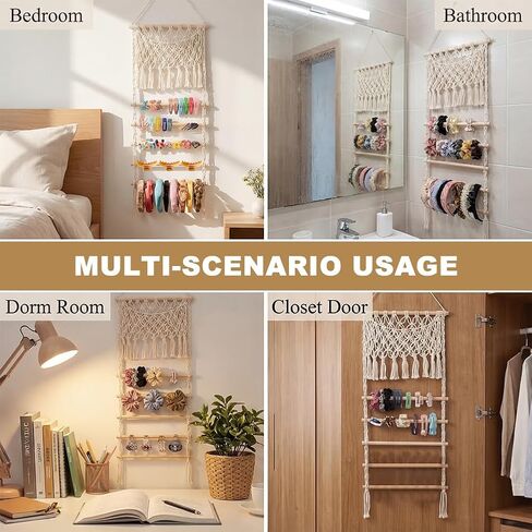 Macrame Hair Claw Clip Organizer, Scrunchies Holder and Hair Ties Organizer with Large Capacity Mesh Bag for Women Girls, Hair Accessorie Hanging Storage for Wall, Door or Closet, Home Decor in Kuwait