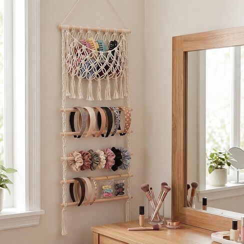 Macrame Hair Claw Clip Organizer, Scrunchies Holder and Hair Ties Organizer with Large Capacity Mesh Bag for Women Girls, Hair Accessorie Hanging Storage for Wall, Door or Closet, Home Decor in Kuwait