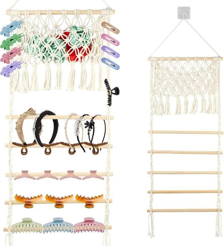 Macrame Hair Claw Clip Organizer, Scrunchies Holder and Hair Ties Organizer with Large Capacity Mesh Bag for Women Girls, Hair Accessorie Hanging Storage for Wall, Door or Closet, Home Decor in Kuwait
