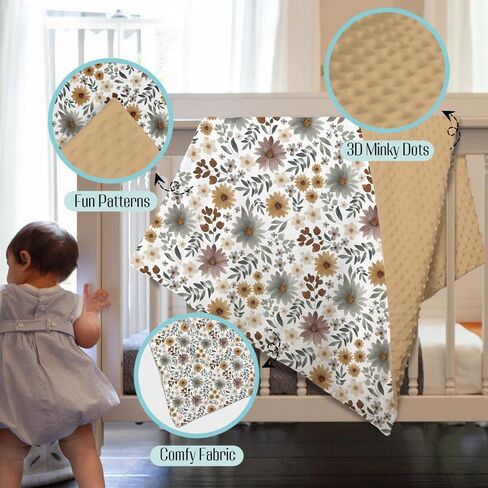 Brown Mink Baby Girls Blankets fall Boho Floral, Retro Autumn Botanical Flower Soft Double Layer Dotted Backing Receiving Swaddle, Newborn Infant Toddler Nursery Crib Bedding Shower Gift 30x40 in Kuwait