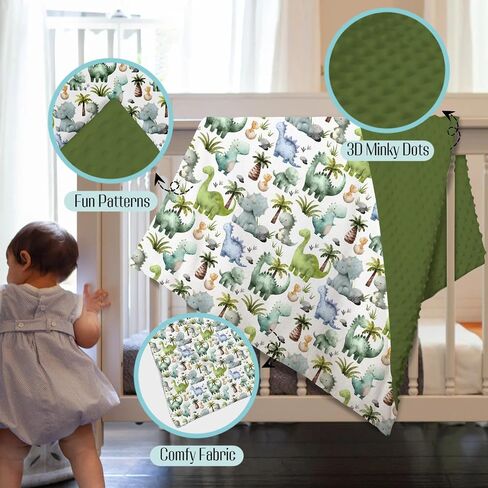 Mink Baby Boys Blankets Cute Dinosaurs, Green Dino Tropical Tree Soft Double Layer Dotted Backing Receiving Swaddle, Newborn Infant Toddler Nursery Crib Bedding Shower Gift 30" x 40" in Kuwait