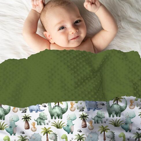 Mink Baby Boys Blankets Cute Dinosaurs, Green Dino Tropical Tree Soft Double Layer Dotted Backing Receiving Swaddle, Newborn Infant Toddler Nursery Crib Bedding Shower Gift 30" x 40" in Kuwait