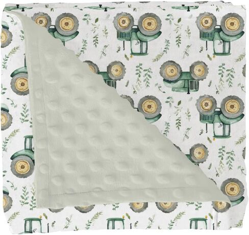 Watercolor Green Tractors Baby Blankets for Girl Boy Farm Tractors Boho Leaves Soft Mink Dotted Backing Double Layer Swaddle Receiving Blanket Farm Life Bed Throws for Newborn Toddler Crib 30x40 in Kuwait