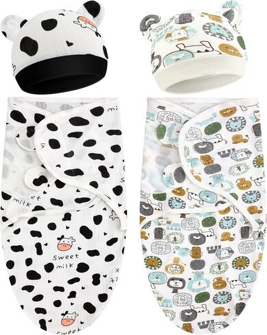 2 Pack Preemie Baby Swaddle Blanket Wrap with Hat 3-7 Lbs Preemie Hat Newborn Receiving Blanket Wrap for Boy Girl(Animals, Cow) in Kuwait