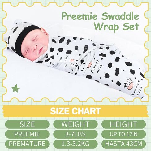 2 Pack Preemie Baby Swaddle Blanket Wrap with Hat 3-7 Lbs Preemie Hat Newborn Receiving Blanket Wrap for Boy Girl(Animals, Cow) in Kuwait