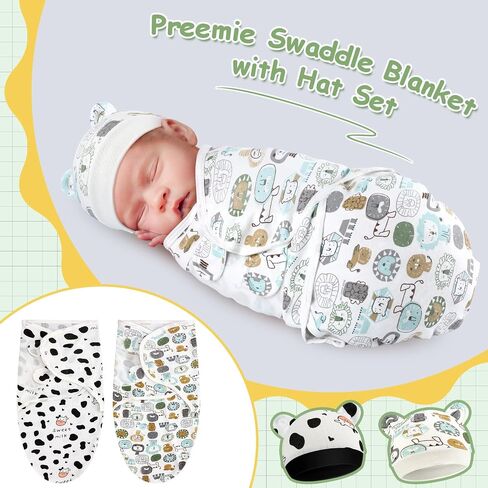 2 Pack Preemie Baby Swaddle Blanket Wrap with Hat 3-7 Lbs Preemie Hat Newborn Receiving Blanket Wrap for Boy Girl(Animals, Cow) in Kuwait