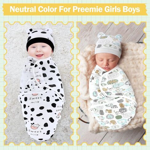2 Pack Preemie Baby Swaddle Blanket Wrap with Hat 3-7 Lbs Preemie Hat Newborn Receiving Blanket Wrap for Boy Girl(Animals, Cow) in Kuwait