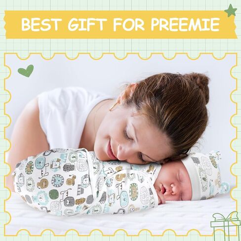 2 Pack Preemie Baby Swaddle Blanket Wrap with Hat 3-7 Lbs Preemie Hat Newborn Receiving Blanket Wrap for Boy Girl(Animals, Cow) in Kuwait