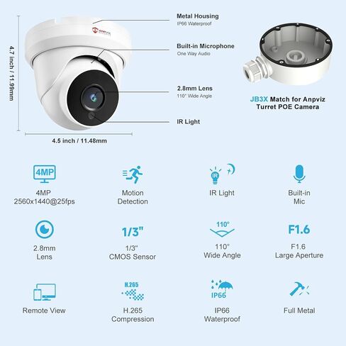 Anpviz 4MP PoE IP Turret Security Wired Camera Audio for Outdoor Indoor | Built in Mic, Night Vision 50ft, Waterproof IP66, 110° Wide Angle 2.8mm Lens, 24/7 Recording, IPC-D3240W-S (U Series) in Kuwait