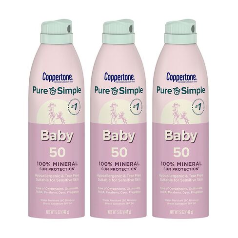 Coppertone Pure and Simple Baby Sunscreen Spray SPF 50, Multipack, 3 x 5 OZ | Zinc Oxide Mineral Sunscreen for Baby, Tear Free, Hypoallergenic, PABA, Oxybenzone, Octinoxate, Paraben and Dye Free in Kuwait