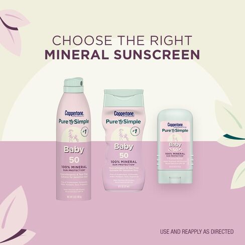 Coppertone Pure and Simple Baby Sunscreen Spray SPF 50, Multipack, 3 x 5 OZ | Zinc Oxide Mineral Sunscreen for Baby, Tear Free, Hypoallergenic, PABA, Oxybenzone, Octinoxate, Paraben and Dye Free in Kuwait