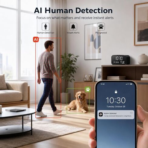 Clock Camera with 1080P HD Live, AI Human Motion Alerts, Night Vision, Dual-Band 2.4GHz/5GHz WiFi, Bluetooth Setup, Local & Cloud Storage, Smart Indoor Security Camera for Home, Office & Elder Care in Kuwait