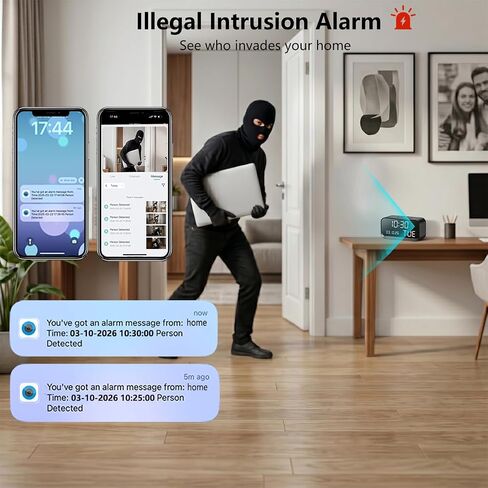 Clock Camera with 1080P HD Live, AI Human Motion Alerts, Night Vision, Dual-Band 2.4GHz/5GHz WiFi, Bluetooth Setup, Local & Cloud Storage, Smart Indoor Security Camera for Home, Office & Elder Care in Kuwait