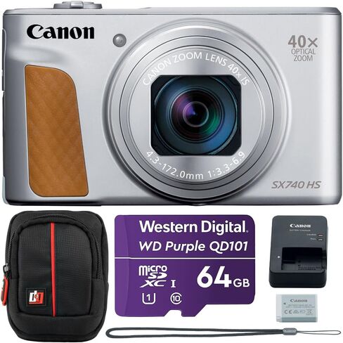 Canon PowerShot SX740 HS 20.3MP 40x Optical Zoom with 4K Video Recording (Silver) 2956C001 Bundle with Western Digital Purple 64GB MicroSD Card and Deco Photo Point and Shoot Field Bag Camera Case in Kuwait