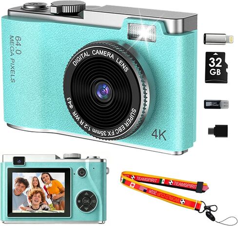 4K Digital Camera with 32GB SD Card & Lanyard,48MP Point and Shoot Digital Cameras, 16X Zoom Compact Small Digital Camera with Flash, Filters, Games, Video Recording for Teens Travel Vlog (White) in Kuwait