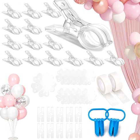 15 Pack Clear Balloon Arch Clips, 3.5-Inch Heavy Duty Backdrop Clips | Includes 200 Adhesive Dots, 10 Flower Rings, 10 H Connectors & 2 Balloon Tying Tools for Balloon Arches & Garlands in Kuwait