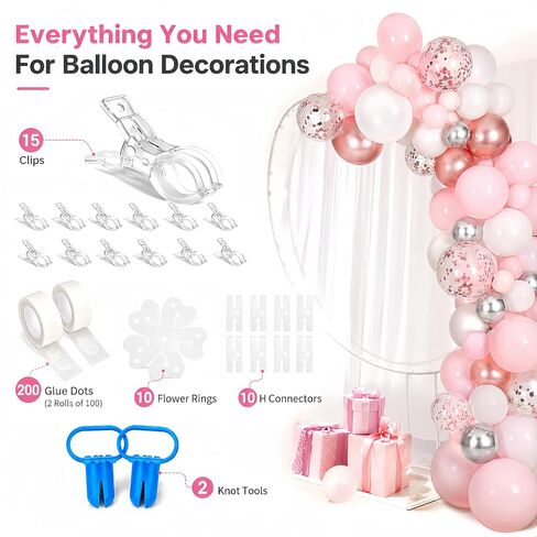 15 Pack Clear Balloon Arch Clips, 3.5-Inch Heavy Duty Backdrop Clips | Includes 200 Adhesive Dots, 10 Flower Rings, 10 H Connectors & 2 Balloon Tying Tools for Balloon Arches & Garlands in Kuwait