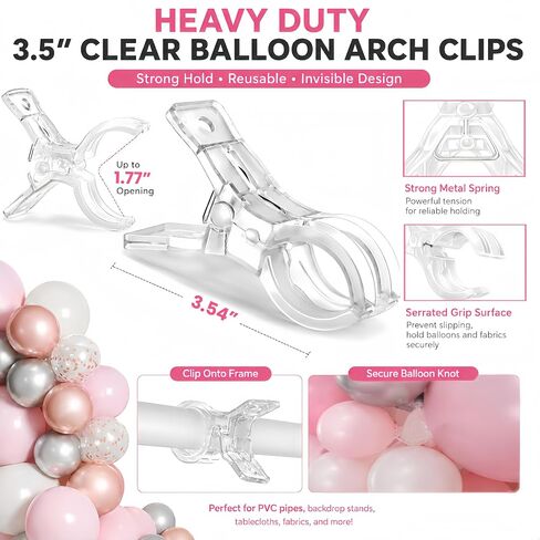 15 Pack Clear Balloon Arch Clips, 3.5-Inch Heavy Duty Backdrop Clips | Includes 200 Adhesive Dots, 10 Flower Rings, 10 H Connectors & 2 Balloon Tying Tools for Balloon Arches & Garlands in Kuwait