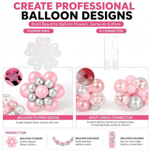 15 Pack Clear Balloon Arch Clips, 3.5-Inch Heavy Duty Backdrop Clips | Includes 200 Adhesive Dots, 10 Flower Rings, 10 H Connectors & 2 Balloon Tying Tools for Balloon Arches & Garlands in Kuwait