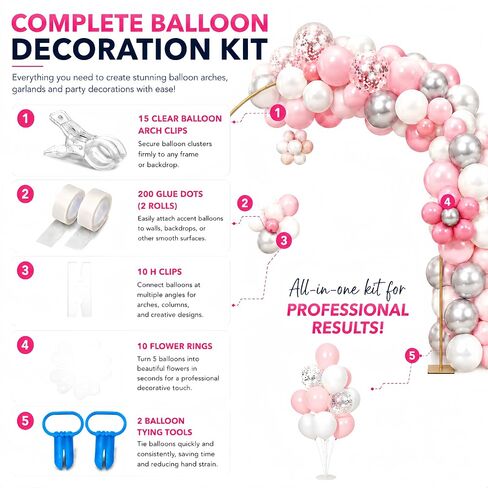 15 Pack Clear Balloon Arch Clips, 3.5-Inch Heavy Duty Backdrop Clips | Includes 200 Adhesive Dots, 10 Flower Rings, 10 H Connectors & 2 Balloon Tying Tools for Balloon Arches & Garlands in Kuwait