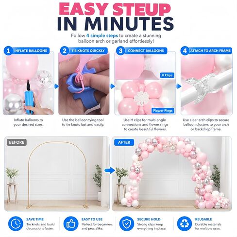 15 Pack Clear Balloon Arch Clips, 3.5-Inch Heavy Duty Backdrop Clips | Includes 200 Adhesive Dots, 10 Flower Rings, 10 H Connectors & 2 Balloon Tying Tools for Balloon Arches & Garlands in Kuwait