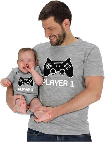 Tstars Gamer Daddy and Me Matching Set Player 1 2 Tee Baby Bodysuit | Soft cotton player 1 and 2 matching set; great for Father's Day, new dad gamer, daddy and me photo gift in Kuwait