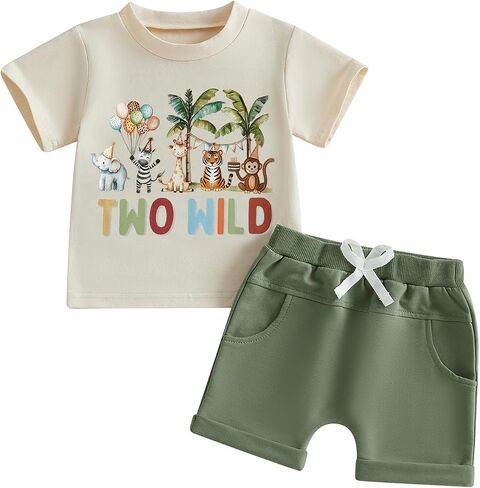 WZTYYDS Toddler Baby Boy 2nd Birthday Outfit Two Wild Safari Animal Print T-Shirt + Shorts Set 2T Birthday Clothes Summer in Kuwait