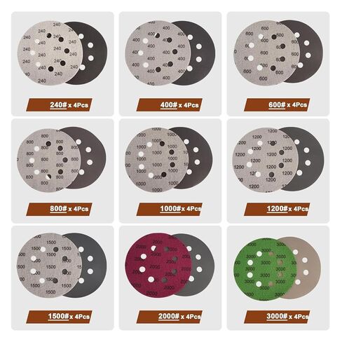 Viaky 36Pcs 125mm Sanding Discs, Wet Dry 5 Inch 8 Hole Hook and Loop 240 400 600 800 1000 1200 1500 2000 3000 Grit Round Sanding Pads, Orbital Sander Discs for Wood, Metal, Car, Furniture, Polishing in Kuwait