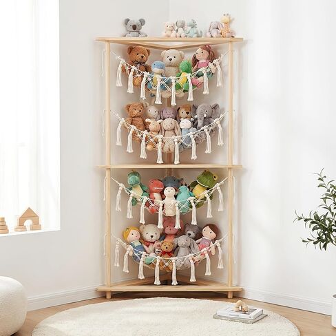 YKBU Wooden Corner Stuffed Animal Storage Organizer, 4-Tier Boho Macrame Toy Hammock Display Shelf, Free-Standing Open-Access Teddy Bear Zoo Holder for Nursery, Playroom & Kids Bedroom in Kuwait