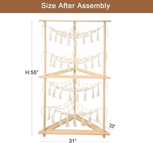 YKBU Wooden Corner Stuffed Animal Storage Organizer, 4-Tier Boho Macrame Toy Hammock Display Shelf, Free-Standing Open-Access Teddy Bear Zoo Holder for Nursery, Playroom & Kids Bedroom in Kuwait