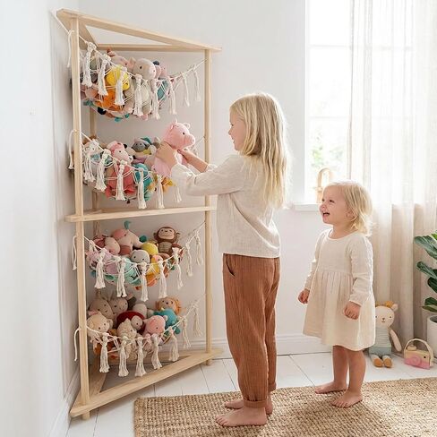 YKBU Wooden Corner Stuffed Animal Storage Organizer, 4-Tier Boho Macrame Toy Hammock Display Shelf, Free-Standing Open-Access Teddy Bear Zoo Holder for Nursery, Playroom & Kids Bedroom in Kuwait