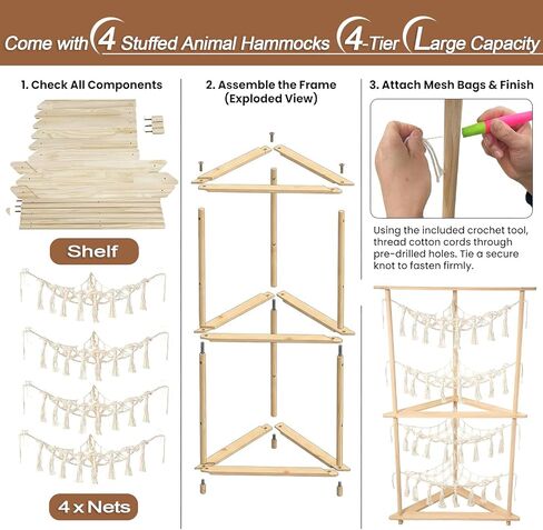 YKBU Wooden Corner Stuffed Animal Storage Organizer, 4-Tier Boho Macrame Toy Hammock Display Shelf, Free-Standing Open-Access Teddy Bear Zoo Holder for Nursery, Playroom & Kids Bedroom in Kuwait