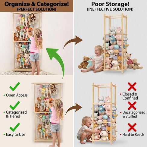 YKBU Wooden Corner Stuffed Animal Storage Organizer, 4-Tier Boho Macrame Toy Hammock Display Shelf, Free-Standing Open-Access Teddy Bear Zoo Holder for Nursery, Playroom & Kids Bedroom in Kuwait