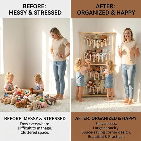 YKBU Wooden Corner Stuffed Animal Storage Organizer, 4-Tier Boho Macrame Toy Hammock Display Shelf, Free-Standing Open-Access Teddy Bear Zoo Holder for Nursery, Playroom & Kids Bedroom in Kuwait