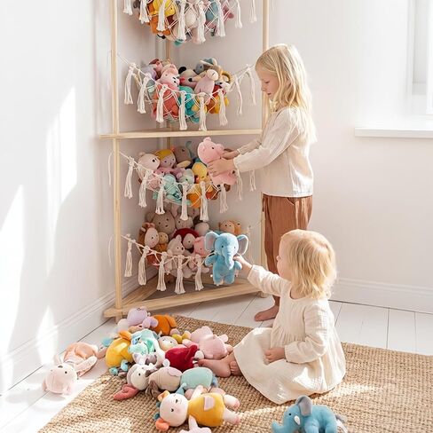 YKBU Wooden Corner Stuffed Animal Storage Organizer, 4-Tier Boho Macrame Toy Hammock Display Shelf, Free-Standing Open-Access Teddy Bear Zoo Holder for Nursery, Playroom & Kids Bedroom in Kuwait