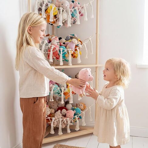 YKBU Wooden Corner Stuffed Animal Storage Organizer, 4-Tier Boho Macrame Toy Hammock Display Shelf, Free-Standing Open-Access Teddy Bear Zoo Holder for Nursery, Playroom & Kids Bedroom in Kuwait