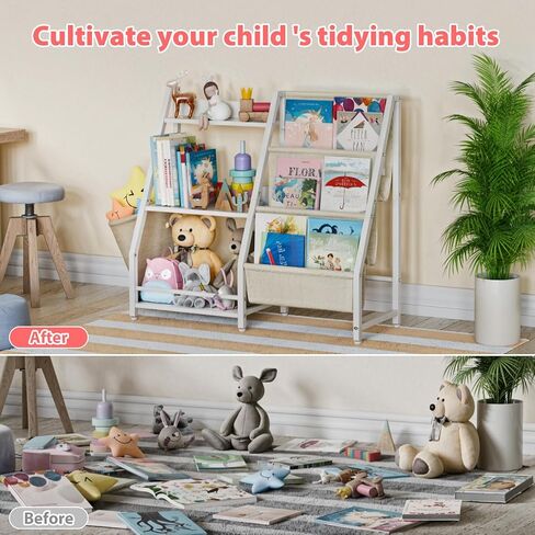 LATIBELL 3 Tier Montessori Kids Bookshelf Toy Storage Organizer，White | Book Sling Shelf, Montessori Baby Toddler Bookshelf, Toy Storage Organizer, For Playroom, Bedroom, Nursery in Kuwait