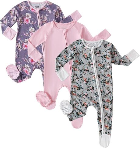 OPAWO Baby Girl Pajamas 3 Pack, Dubble Zipper Newborn Footie Pajamas with Mitten Cuffs, Infant Sleepers for Baby Boy Onsies(Flowers/Pink,12-18 Months) in Kuwait